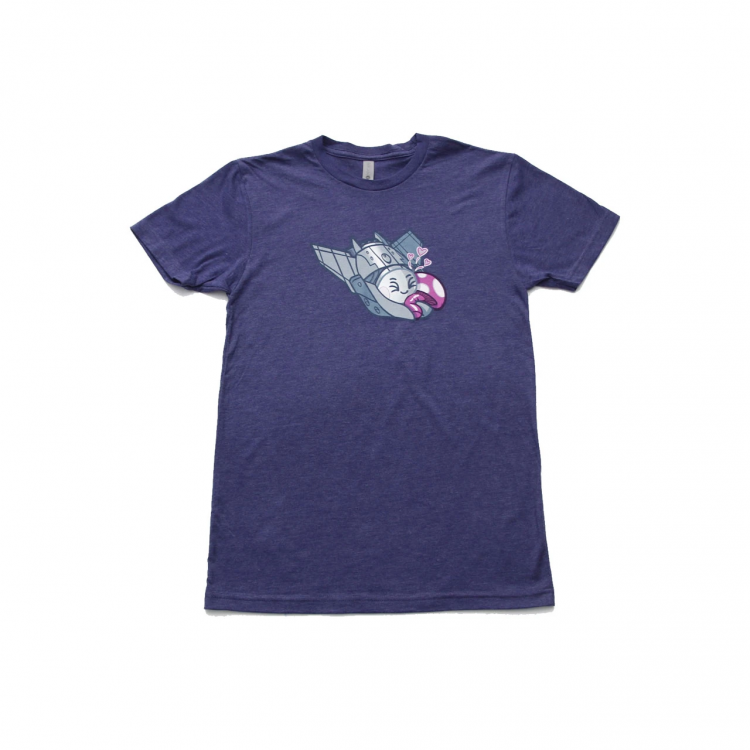 Dark grey-purple T-Shirt with a design of M-Bot hugging a mushroom