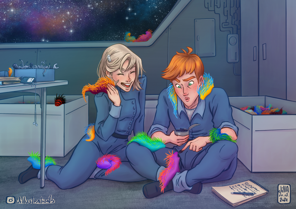 A boy and a girl are sitting on the floor of an industrial-looking room with a beautiful view of outer space visible through a large window behind them. Both are dressed in military uniforms. The girl, FM, has shoulder-length blond hair and is laughing in joy; her uniform is slightly better tailored and fashionable. The boy, Rig, is a redhead with short hair, his uniform more casual. They are having a bit of a date feeding caviar to some taynix slugs of different colors and sizes; some of the slugs are resting comfortably over them like pets, but most are in large boxes off to the sides. An MP3 player is visible in the background, playing a track they both enjoy. 