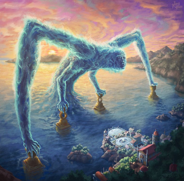 A giant spren rises from a serene bay, the rising sun at its back, a city of mostly white stone in front. The spren's body looks like a pillar of water, four arms - two larger, two smaller - coming out from its sides to rest upon intricate golden pillars jutting out from the water. The body leans towards the city, ending with the face of an old man forming at the end of the stump-like neck. Lush vegetation is visible in the bottom right corner, over the city, with small patches of red coral having grown over the golden pillars and the rock upon which the people have constructed a viewing platform dedicated to Cusicesh the Protector.