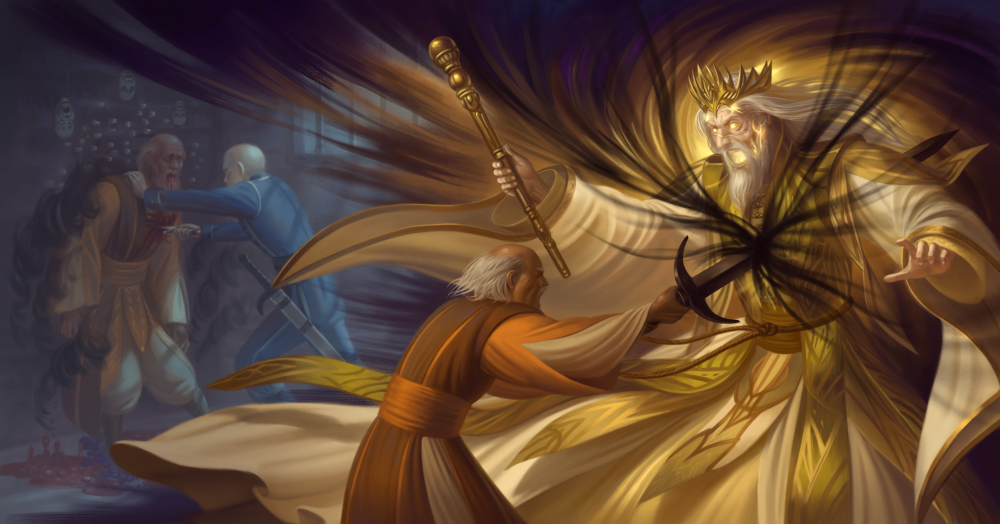 A digital illustration depicting Taravangian's death to Szeth on the left, and Rayse's death to Taravangian and Nightblood on the right. Rayse wears majestic golden robes and looks down on the much shorter Taravangian in outrage and pain as the king plunges Nightblood into his chest, screaming in defiance. Golden light shines through cracks in Odium's skin and inside his open mouth and eyes. Black power streams out from the chest wound and seem to merge with the background in that half of the painting which itself looks like a vortex of golden and violet power. This entire moment is vibrant and well-rendered. To the left and somewhat behind all of this is a more desaturated and blurry depiction of Szeth pressing Taravangian against a wall, plunging a dagger into his chest. Agony, anger, anguish, exhaustion, and fear spren swarm the king's dying body. Blood drips from his mouth, and he looks tired. Nightblood hangs from Szeth's waist, and the assassin wears a simple Kholin blue uniform.
