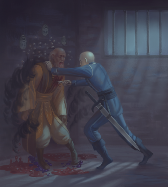 The left half of the full illustration, depicting Szeth killing Taravangian in the Physical Realm.