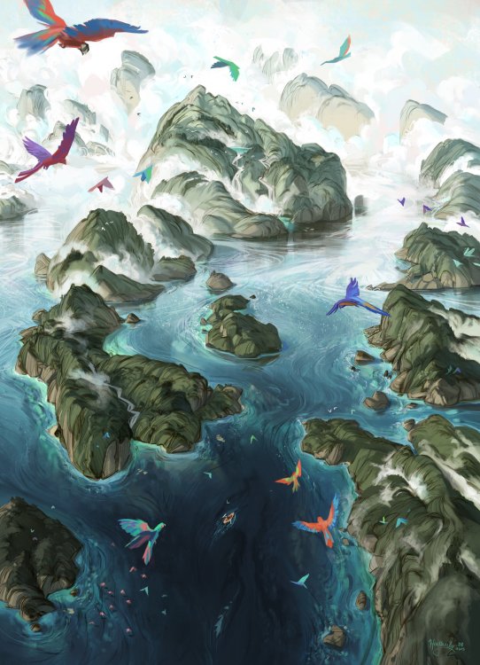 A distant shot of the Pantheon archipelago. A dozen or so islands are visible rising above the picturesque blue waters, with puffy white clouds obscuring the distant ones. A flock of colorful Aviar, all different varieties, fly over the scene, many loosely in the direction of the largest central island - Patji, the Father. Deep within the island's verdant vegetation is the Eye of Patji, a lake of emerald green color, and the source of of much of the magic in the archipelago.