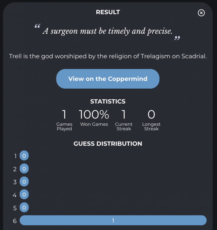 Popup containing statistics about the user's games, with the sentence "Trell is the god worshiped by the religion of Trelagism on Scadrial." above and a link to his Coppermind page.