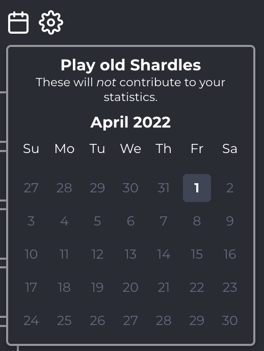 A calendar for the month of April 2022, with the text "Play old Shardles! (These will not contribute to your statistics.)" above it.