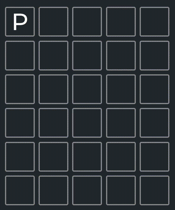 A five-by-six grid of squares, with the letters "P A D A N" being typed in the top row. When the word is completed, the squares with letters start pulsing with a soft red glow.
