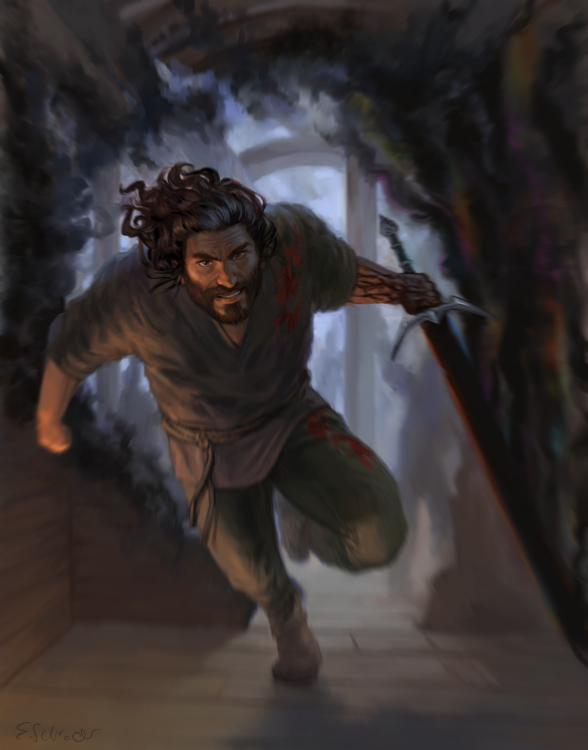 A digital illustration of Vasher from Warbreaker. He takes up most of the image and is clearly the focus of it. The illustration has captured him as he runs in the direction of the viewer, determined look on his face, short brown beard, long brown hair streaming behind him, unsheathed Nightblood in his left hand. Black veins streak up from the hand holding the hilt to his rolled up sleeve, and blood marks one side of his body. Nightblood's blade is unnaturally black, with a subtle dark prismatic effect along its edges and in the black smoke it trails up and around Vasher. The hallway behind Vasher is better illuminated, but the black smoke eating up the wood in the opening suggests that this is no hallway at all, but a series of rooms and walls Vasher has broken through using Nightblood. Motion blur surrounds the foreground, giving the entire image an enhanced sense of action. 