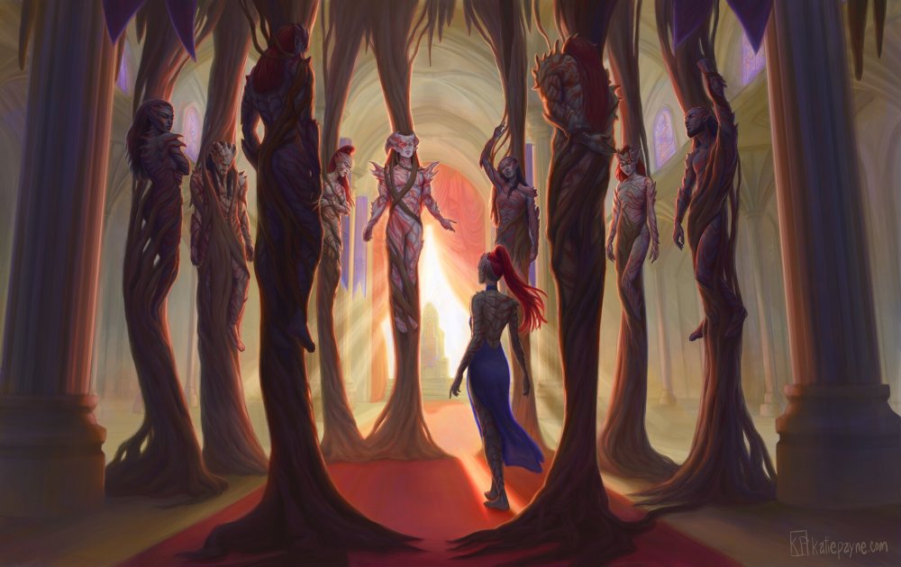 A digital illustration of Raboniel approaching the Nine, the ruling council of the Fused. Raboniel herself is in the center of the image, visible from the back, red ponytailed hair, elegant blue dress with open back, the red pattern of her skin clear to the viewer. Surrounding her are nine organic-looking stone pillars, floor to ceiling, each pillar houses a Fused with a unique design, the pillars keeping them suspended in the air without covering much of their carapace designs or skin patterns. Some of the more notable ones include a male with red-on-white skin directly in front of Raboniel, looking imperious; the carapace on his head is reminiscent of ram horns. Two female forms flank him, one with the same topknot and long hair as Raboniel, and one with red-on-black skin marbling that evokes jagged flames. All of this takes place in the middle of the Kholinar throne room, sunlight streaming behind the throne at the far end of the hall, bathing the area in warm yellows and reds.
