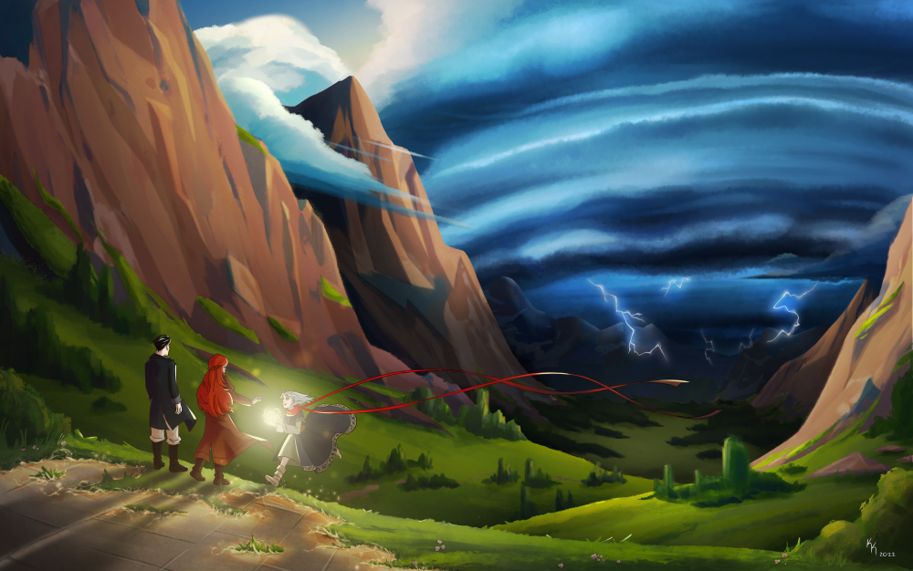 A digital illustration depicting a scene from Shallan and Hoid's retelling of the story of the Girl Who Looked Up. The background, which fills most of the image, depicts a vista of a land that could be Shinovar, with its mountains, green fields, and valleys. A highstorm looms in the distance. The focus of the illustration is a young girl, perhaps early to mid teens, with white hair and a pair of very long, red scarves waving in the air. The girl holds pure light in her hands as she runs away from the highstorm, but she doesn't look scared, she looks excited. Just in front of her, Hoid and Shallan stand on a patch of Lightwoven illusory grass, facing away from us. Hoid is dressed in his signature black uniform of the King's Wit, and Shallan wears Veil's red coat with no hat. Behind them are the stone tiles of the house they are actually standing in. Where the stone and grass meet, the illusion breaks down and turns into something akin to a 3D mesh made of light.