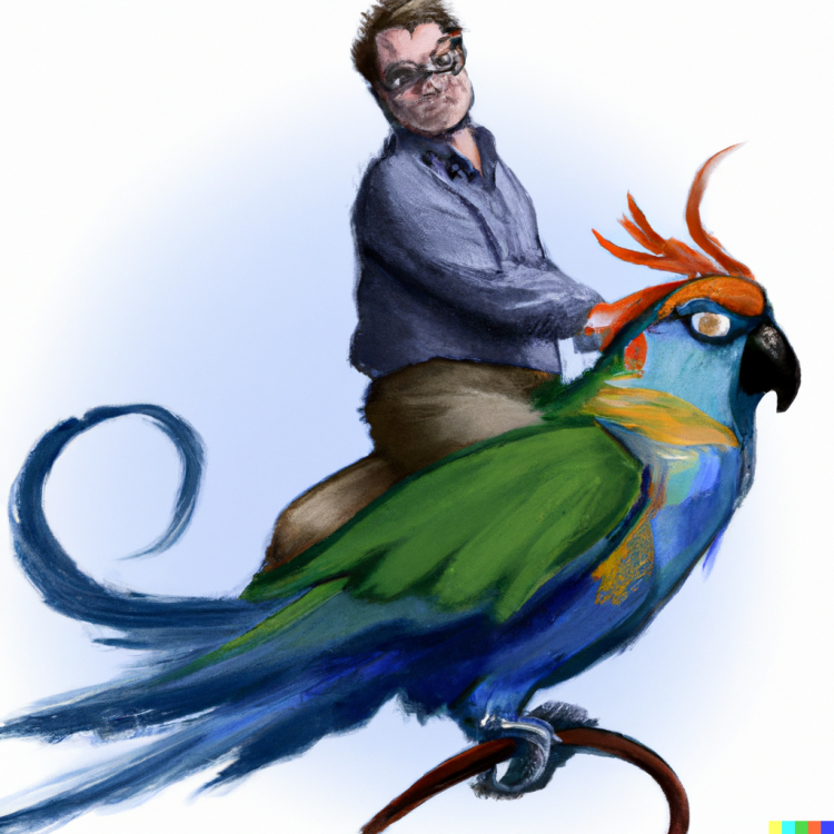 DALL·E 2022-08-25 17.19.11 - Brandon Sanderson riding a parrot.png