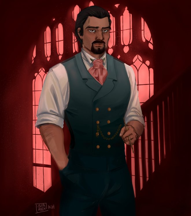 A digital illustration of Dockson. He is a man in his 30s, with well-groomed dark brown hair and facial hair square around his mouth. His clothing is all well-made and tailored, and includes a teal vest over a white shirt whose sleeves are rolled up to his elbows. Light red cravat, triangular collar pins, and dark pants complete the outfit. His right hands rests in his pants' pocket, while the left holds an ink pen. The background is oppressively red, dominated by large, tall almost cathedral-like windows, and the silhouette of a stairway railing. 