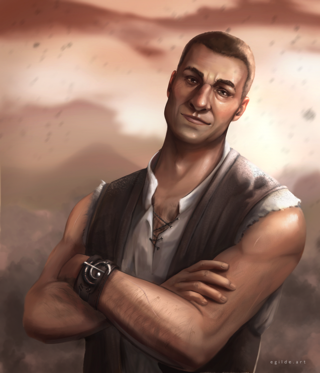 A digital illustration of Ham. He is a muscular man, standing with his arms crossed, pose slightly tilted and askew. His brown hair is very short, and his look is thoughtful with the slightest hint of a smile. He wears a white shirt whose sleeves have been ripped off, and a leather vest over it. On one of his wrists is a leather armband with the Allomantic symbol for pewter affixed to it. The background is an out of focus landscape of the Final Empire, painted in reds and pinks, an ashmount in the distance, ash falling around Ham. The artist's signature, egilde.art, decorates the bottom right corner.