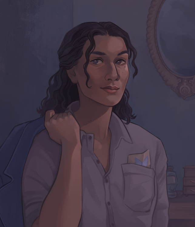 A digital illustration of Mare. She is a woman somewhere in her late 20s or early 30s, with long black hair, some of it pulled back and tied loosely. She wears a simple white button-down shirt and holds a blue jacket draped over her right shoulder. A piece of paper is visible in her shirt's breast pocket, and while not fully visible, it's a picture of a the flower with blue and white petals, that will eventually be named after her - marewill. The background is a simple room with a nightstand and am oval mirror hanging on the wall, its frame decorated with the Allomantic symbol for tin.