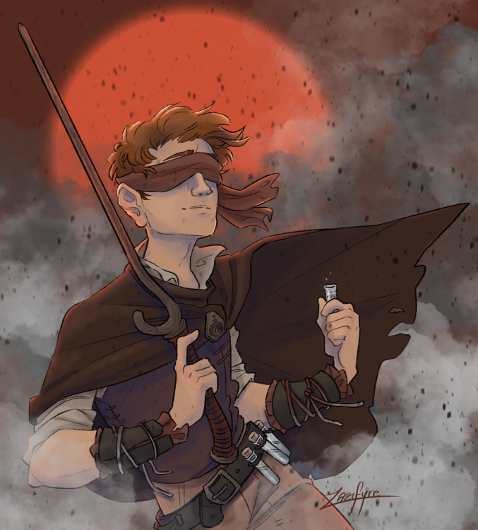A digital illustration of Spook, as he appears throughout most of The Hero of Ages. He is a young man of around 20, depicted from the waist up, in 3/4 view. His hair is light brown, and a maroon blindfold covers his eyes; his expression is hopeful. He wears a brown cloak burned in a few places that clasps over his chest with a wooden clasp bearing the Allomantic symbol for tin. Underneath the cloak is tunic, and underneath it a white shirt. The belt holds a few corked glass vials, and Spook himself holds one in his left hand - this one opened. His right hand holds a wooden dueling cane, and the entire piece is set against a background of a large red sun, smoke, and ash. The artist's signature, reading "lazyfire", decorates the bottom right corner.