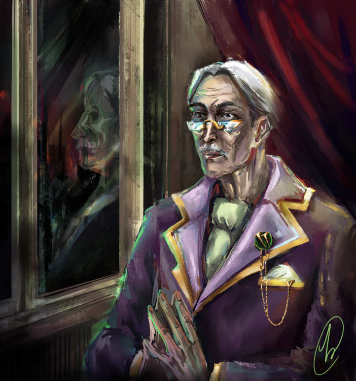 A digital illustration of OreSeur in his guise as lord Teven Renoux. He is an elderly man with white hair reaching just over his ears, lampshade mustache, and narrow glasses. He wears an expensive-looking purple suit with a green cravat, a thin golden chain connecting his breast pocket to a pin decorated with two stylized spikes. He sits, calm and composed, fingers steepled together in front of him, next to a window. The red curtain has been pulled to the side, revealing the menacing architecture of the Final Empire beyond - and OreSeur's reflection, but painted with less detail, and with slightly transluscent skin tinted green, suggesting his true nature as a kandra.
