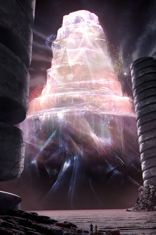 A digital illustration of Urithiru, as it appears in Shadesmar. The illustration is dominated by a colossal tower made of iridescent light, its shape somewhat reminiscent of Urithiru's tiered structure, but not quite the same as its look in the Physical Realm. The tower itself hovers in the air, its base tier transitioning from something like solid light, to something like a waterfall of light, to a few wispy tendrils of light that reach down to the ocean-looking sea of beads below. Above the base tier, the tower is a little more solid, more akin to a crystal illuminated from within; the highest tier is extra, almost unnaturally bright. Swarms of spren, red, yellow, and purple fly around the various tiers. In the foreground are two of Nohadon's Stairways, massive stone pillars with spiral walkways around them. On the obsidian ground around one of them are two tiny figures looking up at the tower, one in a blue Kholin uniform, the other with long red hair and a white coat.