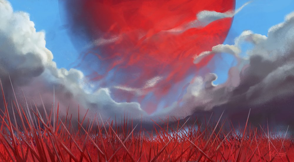 A variation of the original illustration without the Crow's Song, just the moon, storm clouds, and crimson spikes.
