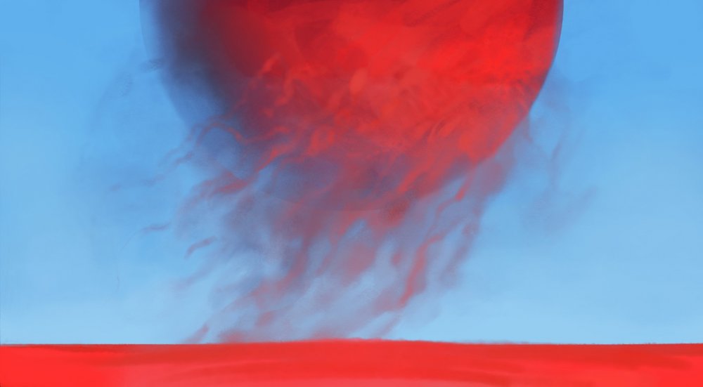 A variation of the original illustration depicting just the Crimson Moon raining spores over a calm spore sea - no clouds, no ship, no verdant vines.