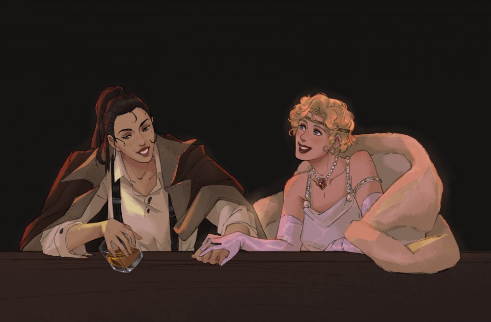 A digital illustration of Ranette and Jaxy. The two are sitting behind a bar. Ranette, on the left, has a heavy Roughs coat draped over her shoulders, suspenders over a simple white shirt underneath it. Her long brown hair is tied in a no-nonsense ponytail, and she is playing with a whiskey glass, her eyes locked on it as if she is recalling or retelling a memory. To her right is her girlfriend, Jaxy, in a light 1920s flapper dress, white in color, precious stones along the straps, pearl necklace with a large ruby around her neck. Her hair is short, without being boyish, curly, and blond, held back from her eyes with a band. A massive fur coat rests over the back of her chair. Her blue eyes look at Ranette with love, red lips parted in a happy smile. Her hands are covered in long white gloves that extend past her elbows, and one of those hands rest comfortably over one of Ranette's. 