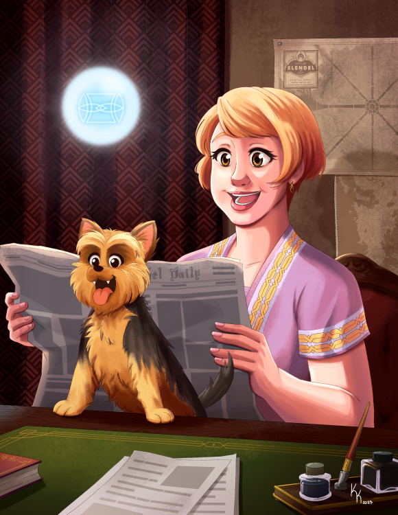 A digital illustration of Kaise, as Codenames, along with her terrier Lily and her seon Dao. Kaise is sitting behind a desk, holding a copy of the Elendel Daily newspaper open in front of her. She is a young woman, somewhere in the her 20s, slightly plumb, with a bob of blond hair. Her outfit is a simple light purple dress with geometric patterns along the seams, and simple earrings hang off her ears. She is clearly excited by something she's read in the paper. Her dog, Lily, is also excited, tongue out, standing up with hind legs in her lap, front ones on the desk. The seon Dao, looking like a ball of light blue, nearly white light, with Aon Dao in its center, hovers off to the side of Kaise's head. The desktop is covered by a book, a neat stack of papers, and some writing implements; the background is unremarkable, featuring heavy window drapes and a couple of maps - one of the city of Elendel, one of Scadrial - stuck to the wall.