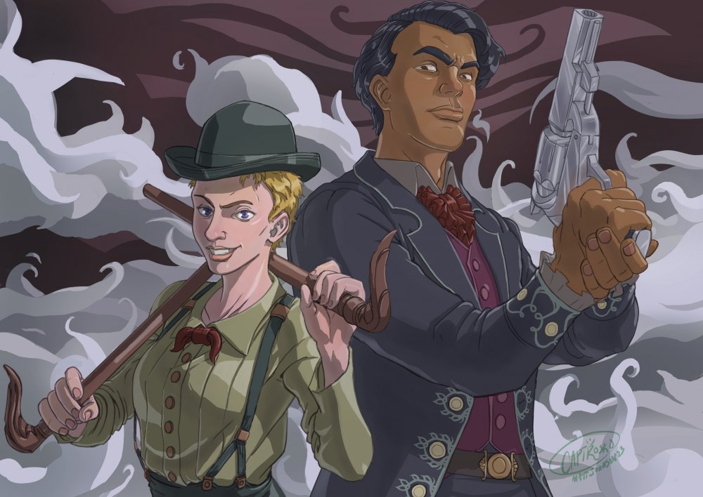 A digital illustration of Dumad and Getruda, the evil "doppelgangers" of Wax and Wayne, standing almost back to back, ready to cause trouble. Dumad is a tall man, fit, with chiseled features, clean-shaven, and perfectly styled short black hair, all contributing to an incredibly punchable face. He is dressed in an expensive and well-tailored dark blue suit, red-purple vest, and a red cravat. He is holding a large aluminum gun at the ready. Getruda next to him is a full head shorter, pale, with short blond hair under a bowler hat, and a wide grin on her face. She is dressed in simple worker's clothes, shirt, suspenders, and a red handkerchief tied like a bowtie. She is armed with a pair of dueling canes she is resting on her shoulders so they cross behind her head. Mists swirl behind the duo, and a tiny speck of red can be seen in eyes of these servants of Autonomy.