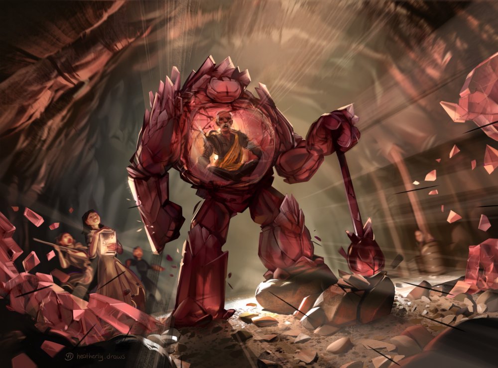 A digital illustration by heatherly.draws, depicting TwinSoul in his roseite juggernaut. The golem-like humanoid construct stands tall in the middle of an underground tunnel, body made of crystalline red and pink roseite, opaque in some places, translucent in others. Its pose is challenging, one foot raised on a rock nearby, giant mace resting on another rock. Most notably, the torso of the construct is nearly transparent, revealing TwinSoul sitting inside with his legs crossed, the brilliant light of his jar of purified Dor illuminating him from behind. A similar jar rests in the hands of Moonlight who is standing off to one side with Marasi, behind a pink roseite barricade. Moonlight looks happy to see TwinSoul let loose, while Marasi is comically freaked out. The entire scene is well lit by the two Dor jars whose light rays help establish a feeling of hope and triumph appropriate for the moment.