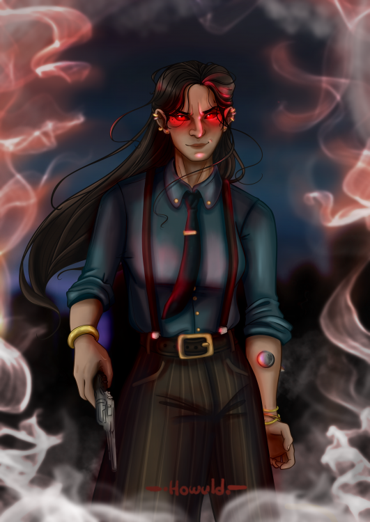 A digital illustration of Telsin, as she appears near the end of The Lost Metal. She stands tall and confident in the center of the vertical image, one hand casually holding a gun pointed down, the sleeves of her blue button-up shirt rolled up to reveal a large metal spike driven through her other forearm. A number of metal jewelry decorates her wrists and ears. A pair of pants, suspenders, and a long tie complete the outfit. Her long dark hair sways in the wind, but the mists that fill this nightly illustration stay away from her - in part because of her Hemalurgic spikes, in part because of the intense red glow coming from her eyes, painting the mist tendrils closer to her in bloody tones. 