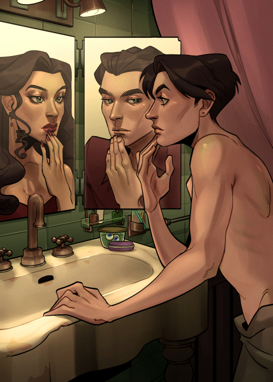 A digital illustration of MeLaan in human form. She is standing in front of a three-part bathroom mirror, inspecting her reflections - but the reflections show different versions of her. The real MeLaan presents as androgynous here, with just a towel wrapped around the waist, no sign of breasts, softer facial features, and short, dark hair. Her skin betrays her kandra nature with a few green, translucent spots. The reflection directly in front of her is clearly feminine, invoking a little of the stereotypical femme fatale image MeLaan was carrying when we first met her as Milan in Era 2; the reflection's pose matches the real MeLaan's pose, both inspecting their faces, and wears bright red lipstick, red dress, has long hair, and long nails, also painted red. The reflection on the right is clearly masculine, with sharper facial structure, red shirt, and short - but styled - hair. All three have light green eyes, but a container on the sink holds a pair of blue ones. 