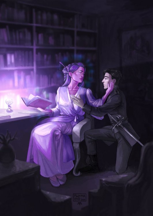 A digital illustration of a tender moment between Jasnah and Wit in a study. Jasnah is sitting by a desk, dressed in a comfortable night gown, hair still made, an open book in her freehand - but she is facing away from it, looking at Wit, who is now resting on one knee to match her height. He is dressed in his immaculate black Alethi uniform, with a rapier on his waist. His arm is portrayed mid-gesture, and looks like it rests over Jasnah's heart, while Jasnah's naked safehand is caressing his face, eyes locked with his. Subtle visual clues suggest that the two are not on the same page in this relationship. The solitary spherelamp on the desk illuminates Jasnah's book and the two faces - the parts associated with the mind - but Wit's hand reaching for Jasnah's heart, the representation of the physical aspect of the relationship, is cast in shadow. The lamp also paints the illustration in the colors of the asexual flag, keeping Jasnah in bright purples and Wit in muted blacks and greys.