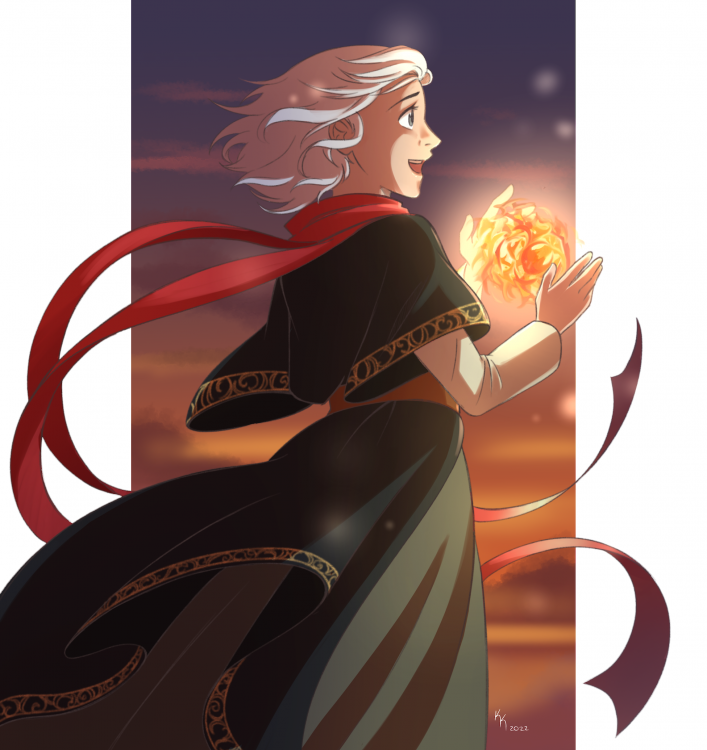 A standalone portrait of the girl from the Girl Who Looked Up story. She is dressed in a dark dress with very wide short sleeves, all akin to a traveling cloak; golden embroidery lines the edges. The signature twin red scarves swirl around the girl's figure, and she holds a ball of fiery light between her hands. Her shoulder-length hair is white, and she looks happy.