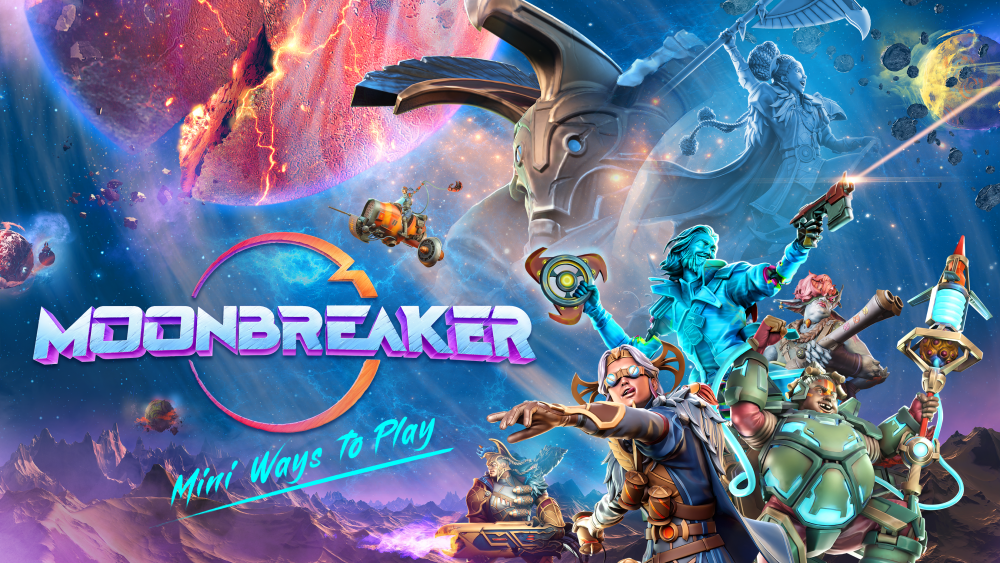 Moonbreaker key art, featuring the game's logo and "Mini ways to play" subtitle on the left, with several of the characters on the right