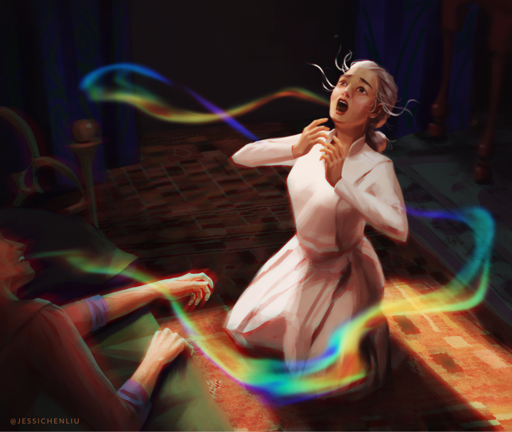 A digital illustration of Vivenna from Warbreaker, at the moment the dying Lemex passes his Breaths to her. Vivenna, wearing a plain and modest white dress, has dropped to her knees in the middle of a room, her eyes and mouth open wide in horror, her hair bleached white. Lemex is also partially visible on the left side of the image, lying on a bed. A colorful ribbon-like BioChromatic Breath leavs his mouth, traverses the distance between him and Vivenna, snakes up around her body before striking at her mouth. The Breath itself shifts between all the colors of the rainbow and has an ephemeral look that resembles gas in some places, oil on water in others, and solid light in others still. The rest of the room is unremarkable and difficult to make out, except for the wild chromatic aberrations affecting most of the image, translating the instability of Lemex's aura into this visual medium.