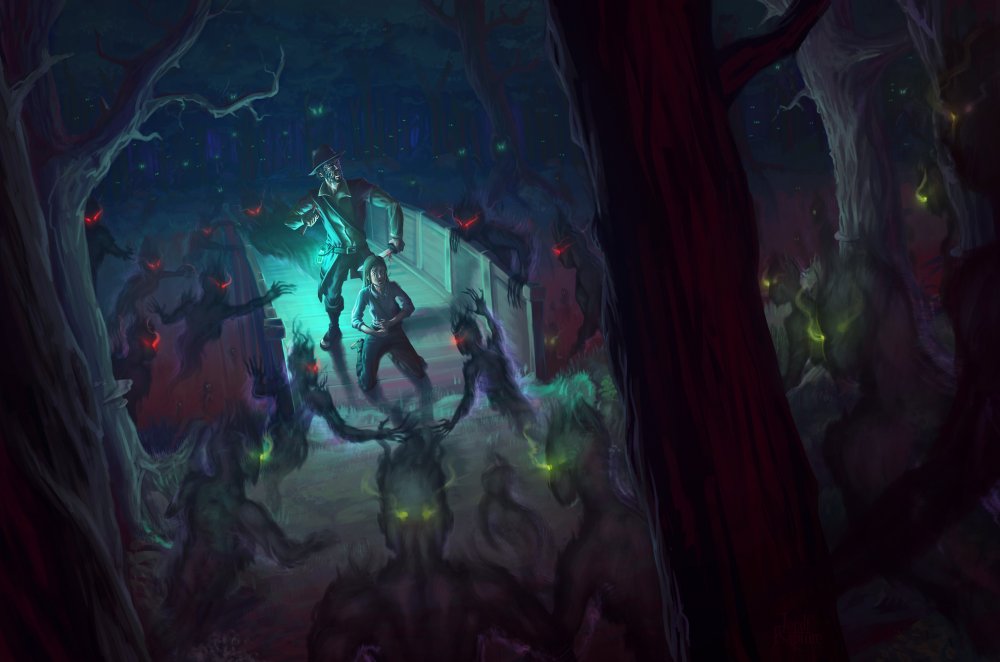A digital illustration of the Forests of Hell at night, with Red Young and William Ann in the center, surrounded by dozens of shades. Ann, a girl in his teens, dressed in simple shirt and pants, has fallen to her knees, her throat bleeding lightly. Red looms over and behind her with a snarl on his half-withered face, blood visible on his knife. Both of them are on a bridge, illuminated only by the ghostly light provided by a vial on Red's belt. Around them are a dozen shades with black humanoid bodies fading into tendrils below the waist, hands with long fingers, like claws, and red eyes leaving streaks of light as they all reach for the humans. Farther away are another dozen or so shades, these paler, calmer, with green eyes, merely attentive; and farther still, the forests and the chasm below the bridge, glowing with eerie red light, are reveal the faint silhouettes and red eyes of dozens more shades. Trees frame the foreground, letting the viewer feel like they are right there.