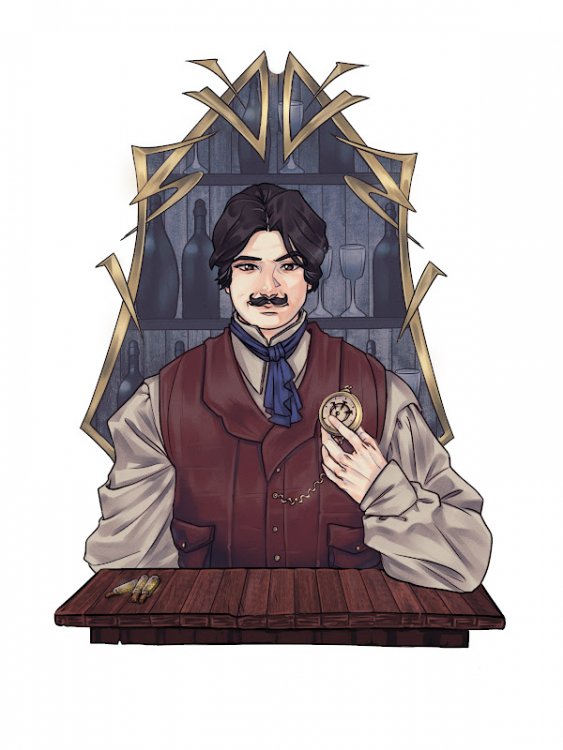 A digital illustration of Breeze. The viewer is facing Breeze directly - who is a slightly portly man with well-groomed black hair just long enough to cover his ears. His only facial hair is a petit handlebar mustache. His clothing, all befitting for nobleman, includes a maroon vest over a white shirt, with a blue cravat tying the look together. His left elbow rests on a wooden bartop in front of him, and he holds a pocket watch in that hand - a pocket watch decorated with the Allomantic symbol for brass. Three glass vials rest on the bartop, and the background behind Breeze shows a well-stocked bar, framed by metal decor styled to invoke the designs of the Steel Alphabet.
