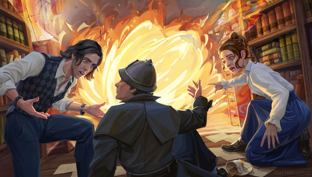 A digital illustration of Wax, Wayne, and Marasi in the Ladrian manor library discussing their options inside a speed bubble as an explosion slowly approaches them. Wayne, in a constable uniform is sitting on the floor in the center of the image, head turned to face Wax, looking unconcerned in a constable's uniform. Wax is on the left, gesticulating animatedly, dressed in a checkered vest over a white shirt, sleeves rolled up, metalmind bracelets clearly visible. Marasi is on the other side, looking concerned and pointing at the approaching ball of fire consuming shelved books and equipment that line the walls of the study; she wears a long blue skirt and a white shirt, her hair tied practically in a bun. Both she and Wax are down on one knee, hunched over, in order to fit inside Wayne's speed bubble whose borders are barely visible but recognizable for their oil-on-water-like texture. A porcelain teacup in a saucer lies on the floor next to Wayne, tea spilling out of it.