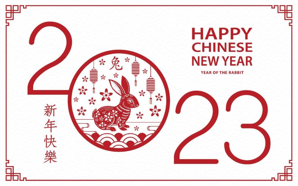 Red and white graphic with a rabbit and the words "Happy Chinese New Year"