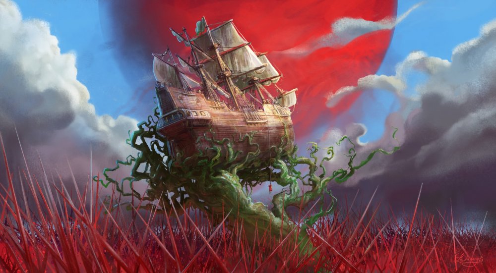A digital illustration in horizontal orientation depicting the Crimson Sea of Lumar after a storm, deadly spikes as far as the eye can see, and above it the Crow's Song, raised high in the air by verdant vines. The vines sprout out of the sea like an ancient tree whose branches spread and coil and grasp the galleon-like ship. Tress herself, tiny in the large image, can be seen hanging off the side of the ship, thin sharp spikes almost reaching her. The spikes dominated the lower portion of the image, jutting out from the bottom at random angles, thin and sharp like icicles, but red like blood. Storm clouds part to the sides of the ship, giving way to the massive Crimson Moon in the background, demanding a full half of the sky.