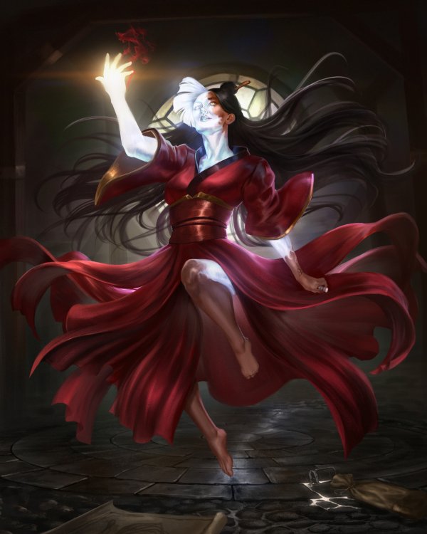 A digital illustration of the scene from The Lost Metal where Moonlight transforms into an Elantrian. Moonlight takes the majority of the image, dressed in a vibrant red garment resembling a kimono in its upper half, but closer to a dress in the lower, with its numerous wide strips of fabric. Moonlight is caught mid-transformation, only one foot barely touching the ground, fantom wind blowing her hair and clothing outward. Like a glowing sheet of metal, the transformation expands from her raised arm where the soul stamp still bleeds red smoke, turning the rest of her body a brilliant white. Most of her face has already changed, only a little bit of skin left, and the edges of the transformation are visible from under her clothing as they reach the Ghostbloods tattoo on her other arm, soul stamp still held loosely in her fingers. A jar, now empty, lays discarded on the ground, the last remnants of the purified Dor spilling on the ground.