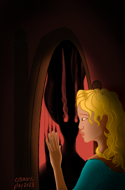 Evi rests her forehead against a large oval mirror, but she has no reflection.  Instead, the mirror beholds Sja-anat, a being made of black smoke with red eyes. Her black smoke-like hair drifts upwards, and her large round red eyes also drift red smoke upwards out of them. Evi, with blonde wavy shoulder length hair and a blue low cut dress that reveals her whole left forearm, places her safehand against the glass. In return, Sja-anat does the same, each finger drifting a waft of black smoke upwards in the reflection. The depth of the mirror glows red behind Sja-anat, and the glow is reflected off Evi's face and hand. The background of the room around Evi is black, the only light the red glow from the mirror.  Their faces appear very close, Evi's yellow eyes next to Sja-anat's red ones.