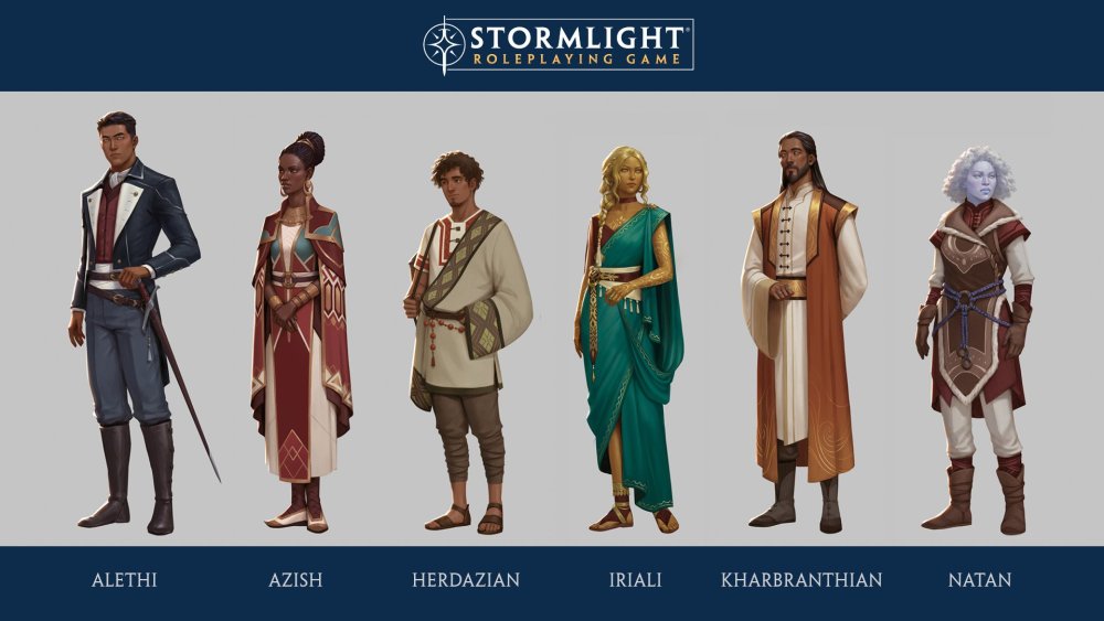 Concepts for different characters from the Stormlight Roleplaying Game: Alethi, Azish, Herdazian, Iriali, Kharbranthian and Natan