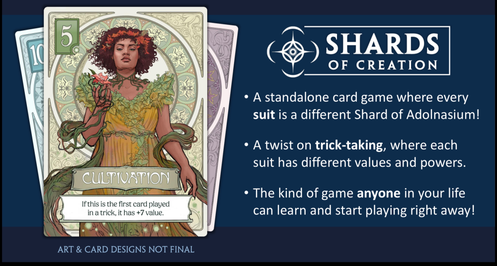 Slide with information about Shards of Creation game, featuring a card for Cultivation (with artwork by Katie Payne).