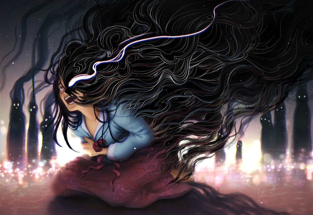 A digital illustration of Yumi, capturing the moment from the book when she loses her human form and starts turning into a nightmare. Yumi is down on her knees, hunched over, arms wrapped around her body, head raised up, mouth open in a scream, eyes wide in terror. Or, rather, one eye - because the other one, along with nearly half of her body, has been turned into black smoke that billows out behind her. The half of her face that has been turned into a nightmare looks like the smoke tendrils are forming a sinister fanged maw, and the eye - white, with just a tint of magenta in it - trails a line of light that merges with the smoke. Around Yumi, the ground is flat stone, but it too looks to be disappearing, turning into motes of light. Standing on this disappearing ground, in the distance, are about half a dozen misshaped figures, entirely black, except for their irregular eyes and mouths glowing white. 
