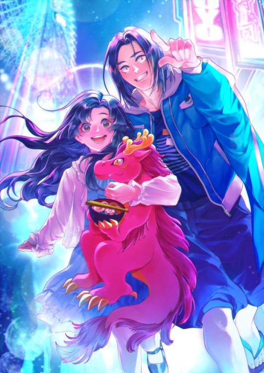 A digital illustration in vertical aspect ratio and anime style of Yumi and Nikaro. The two are at the Kilahito carnival, lights, attractions, and rides barely visible in the background over the bright hion lights illuminating everything in blue and pink tones. Both characters look happy and excited, running in the direction of the "camera." Painter is dressed in blue, jacket and baggy pants alike, and he is pointing at something in the distance, presumably another point of interest. Yumi is one step ahead of him, dressed in a blue dress and light white jacket, holding a massive plush dragon that in turn holds a bowl of noodles - the noodle princess. 